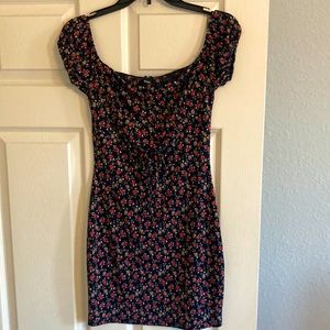 Navy blue with flowers, off the shoulders mini dress